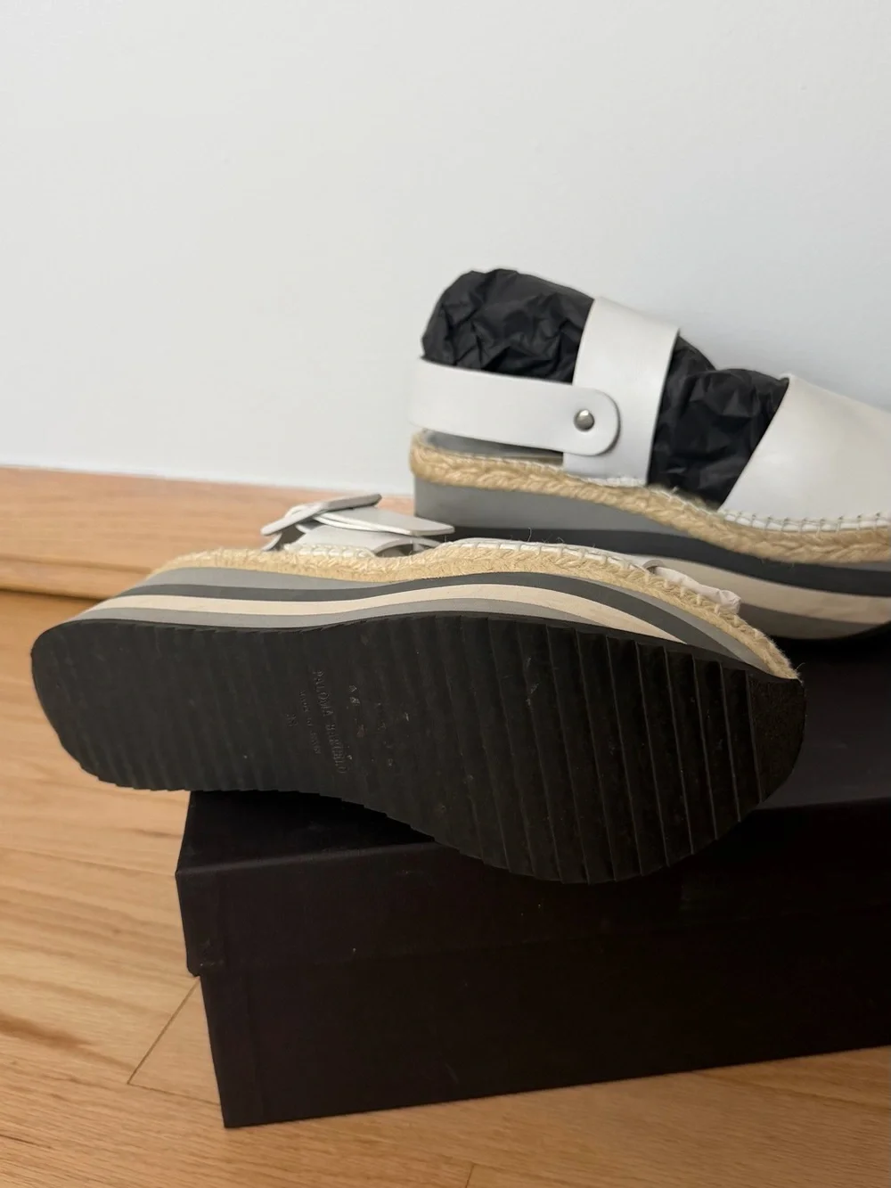 Paloma Barcelo White Leather Platform Espadrille Wedges with Striped Sole
